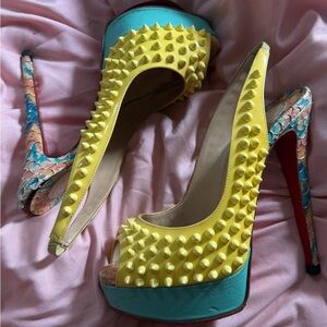 Christian Louboutin Yellow and Turquoise Studded Peep-Toe Platform Pumps